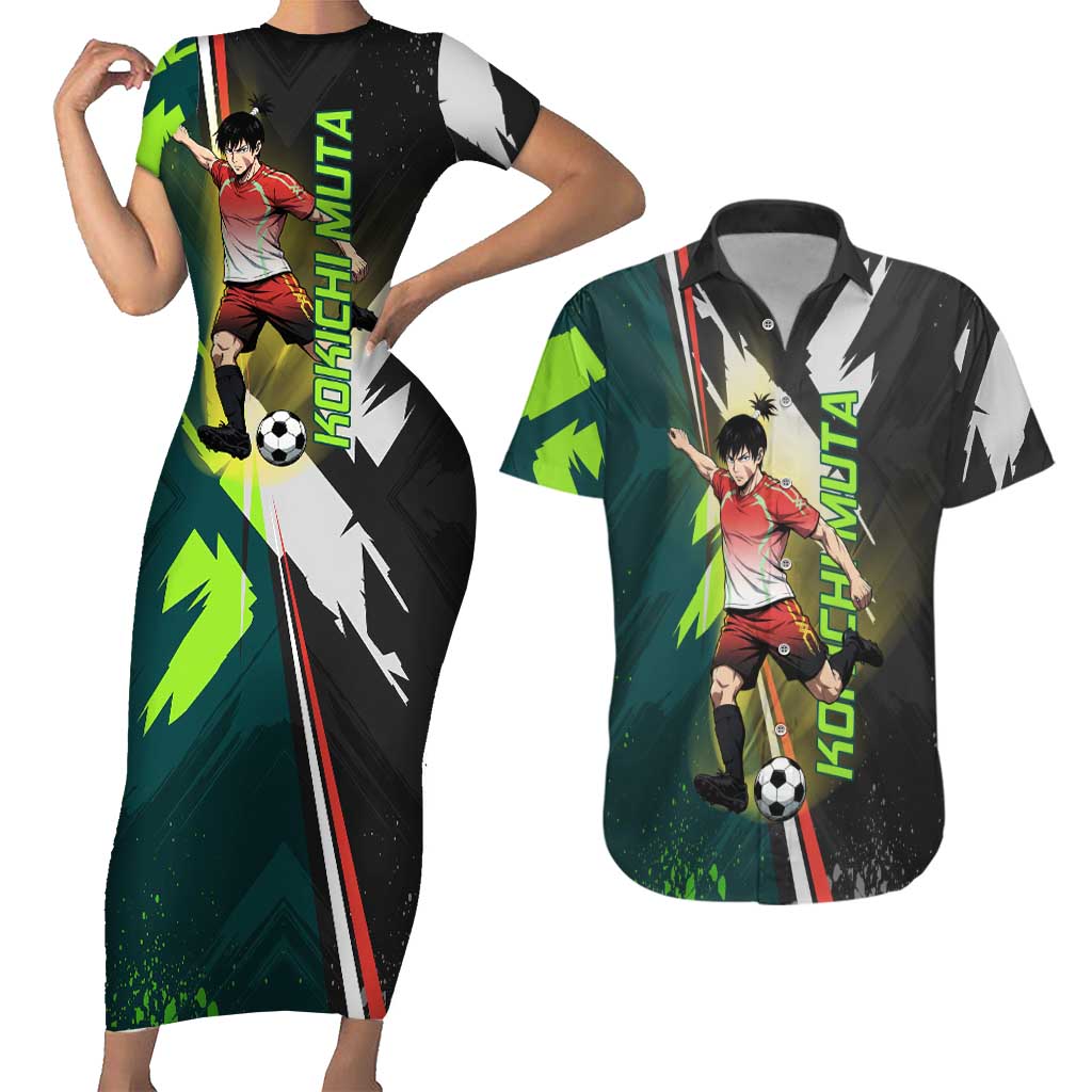 Personalized Kokichi Muta Jujutsu Kaisen Couples Matching Short Sleeve Bodycon Dress and Hawaiian Shirt Anime Soccer Theme Red Uniform Dynamic Kick Design