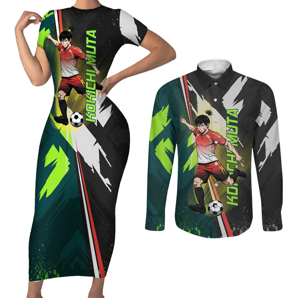 Personalized Kokichi Muta Jujutsu Kaisen Couples Matching Short Sleeve Bodycon Dress and Long Sleeve Button Shirt Anime Soccer Theme Red Uniform Dynamic Kick Design