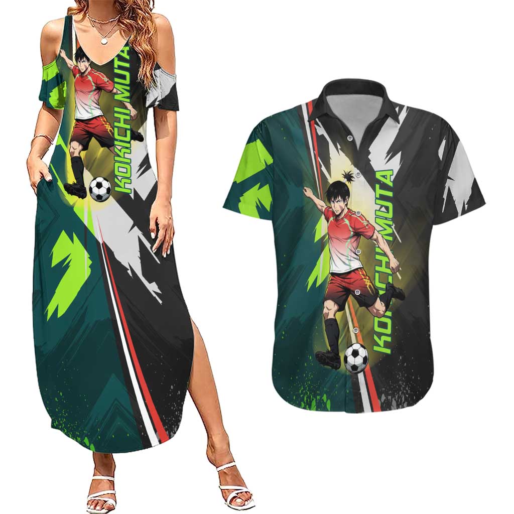 Personalized Kokichi Muta Jujutsu Kaisen Couples Matching Summer Maxi Dress and Hawaiian Shirt Anime Soccer Theme Red Uniform Dynamic Kick Design