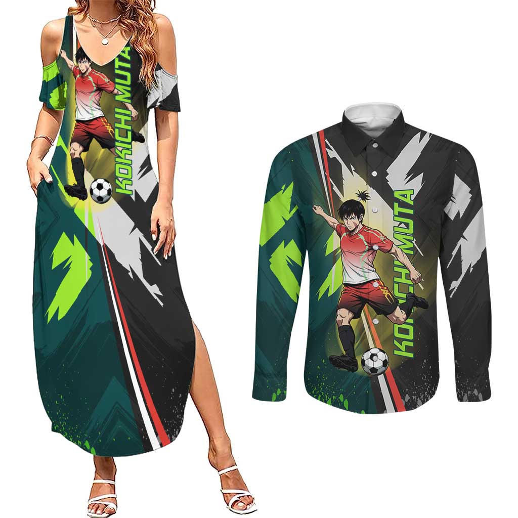 Personalized Kokichi Muta Jujutsu Kaisen Couples Matching Summer Maxi Dress and Long Sleeve Button Shirt Anime Soccer Theme Red Uniform Dynamic Kick Design