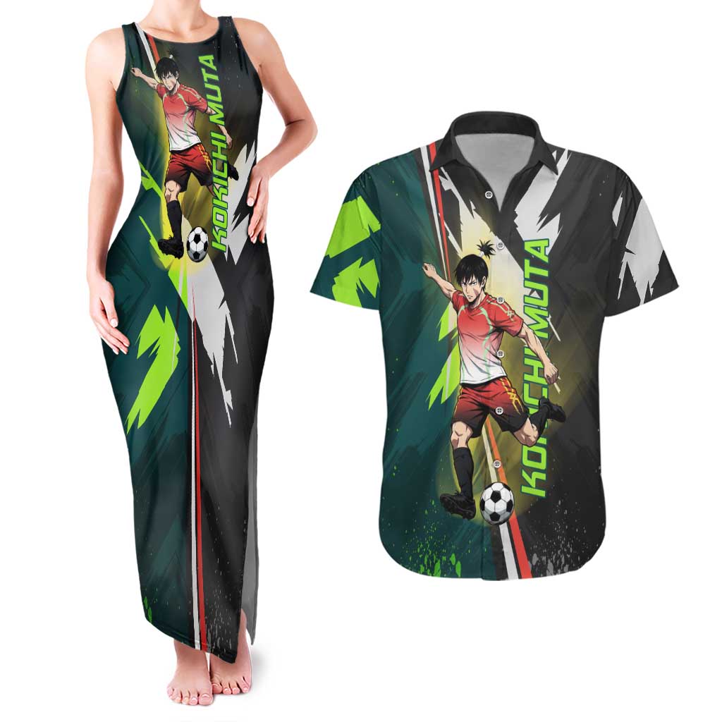 Personalized Kokichi Muta Jujutsu Kaisen Couples Matching Tank Maxi Dress and Hawaiian Shirt Anime Soccer Theme Red Uniform Dynamic Kick Design