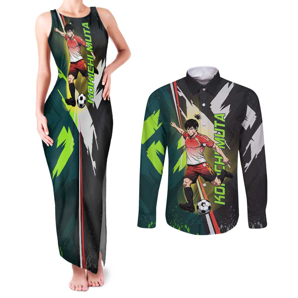 Personalized Kokichi Muta Jujutsu Kaisen Couples Matching Tank Maxi Dress and Long Sleeve Button Shirt Anime Soccer Theme Red Uniform Dynamic Kick Design