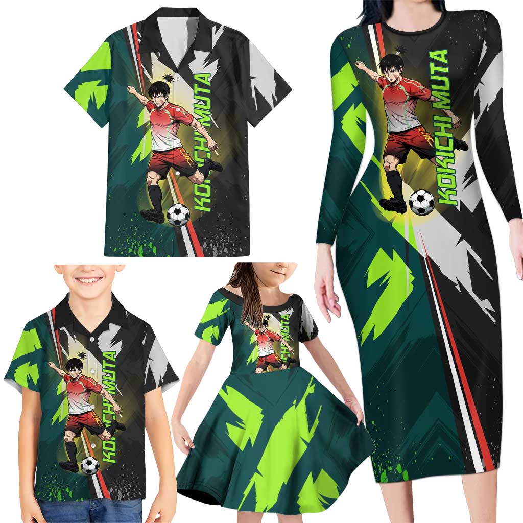 Personalized Kokichi Muta Jujutsu Kaisen Family Matching Long Sleeve Bodycon Dress and Hawaiian Shirt Anime Soccer Theme Red Uniform Dynamic Kick Design