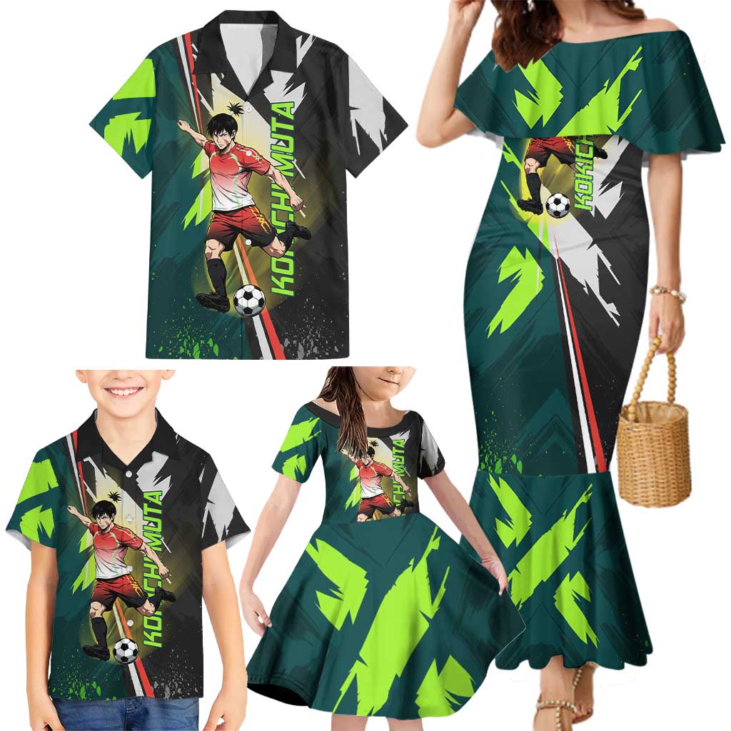 Personalized Kokichi Muta Jujutsu Kaisen Family Matching Mermaid Dress and Hawaiian Shirt Anime Soccer Theme Red Uniform Dynamic Kick Design