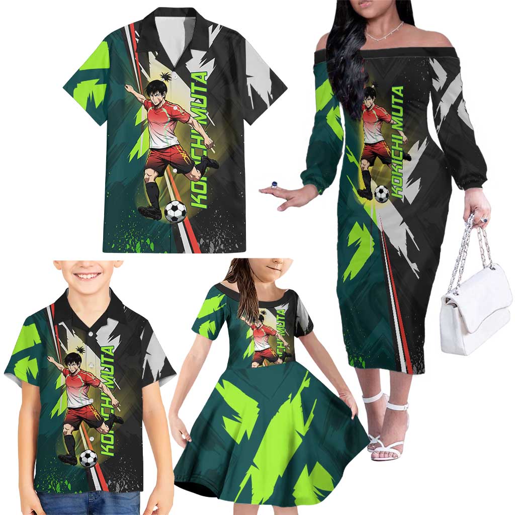 Personalized Kokichi Muta Jujutsu Kaisen Family Matching Off The Shoulder Long Sleeve Dress and Hawaiian Shirt Anime Soccer Theme Red Uniform Dynamic Kick Design
