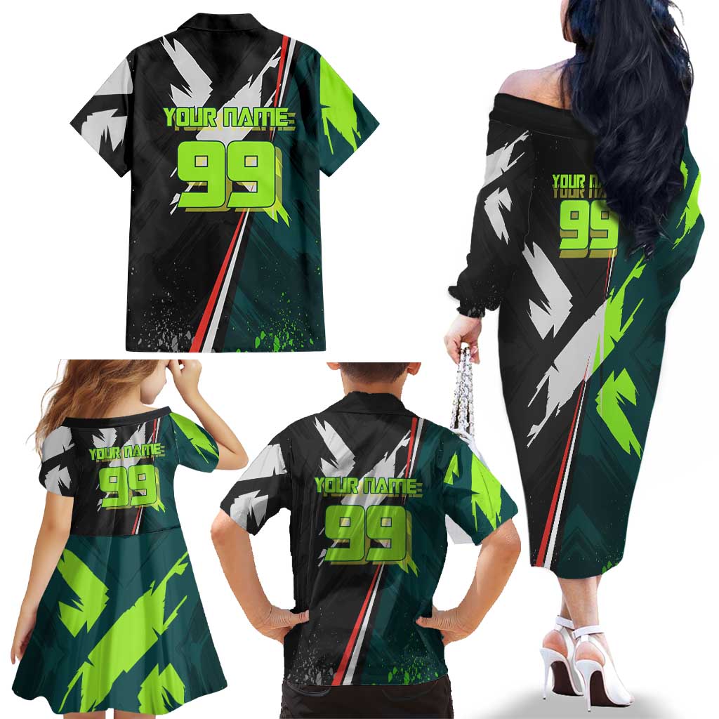 Personalized Kokichi Muta Jujutsu Kaisen Family Matching Off The Shoulder Long Sleeve Dress and Hawaiian Shirt Anime Soccer Theme Red Uniform Dynamic Kick Design