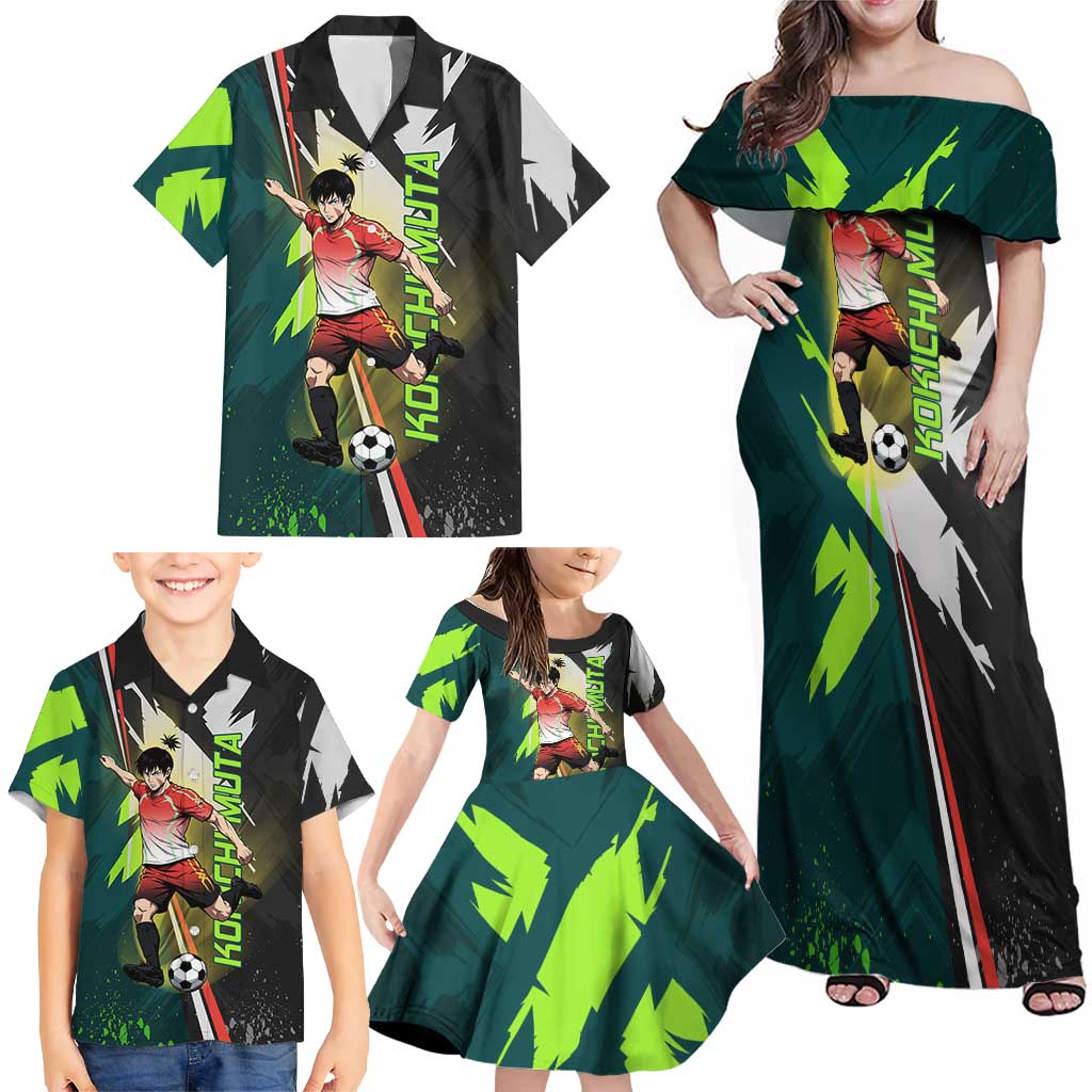 Personalized Kokichi Muta Jujutsu Kaisen Family Matching Off Shoulder Maxi Dress and Hawaiian Shirt Anime Soccer Theme Red Uniform Dynamic Kick Design