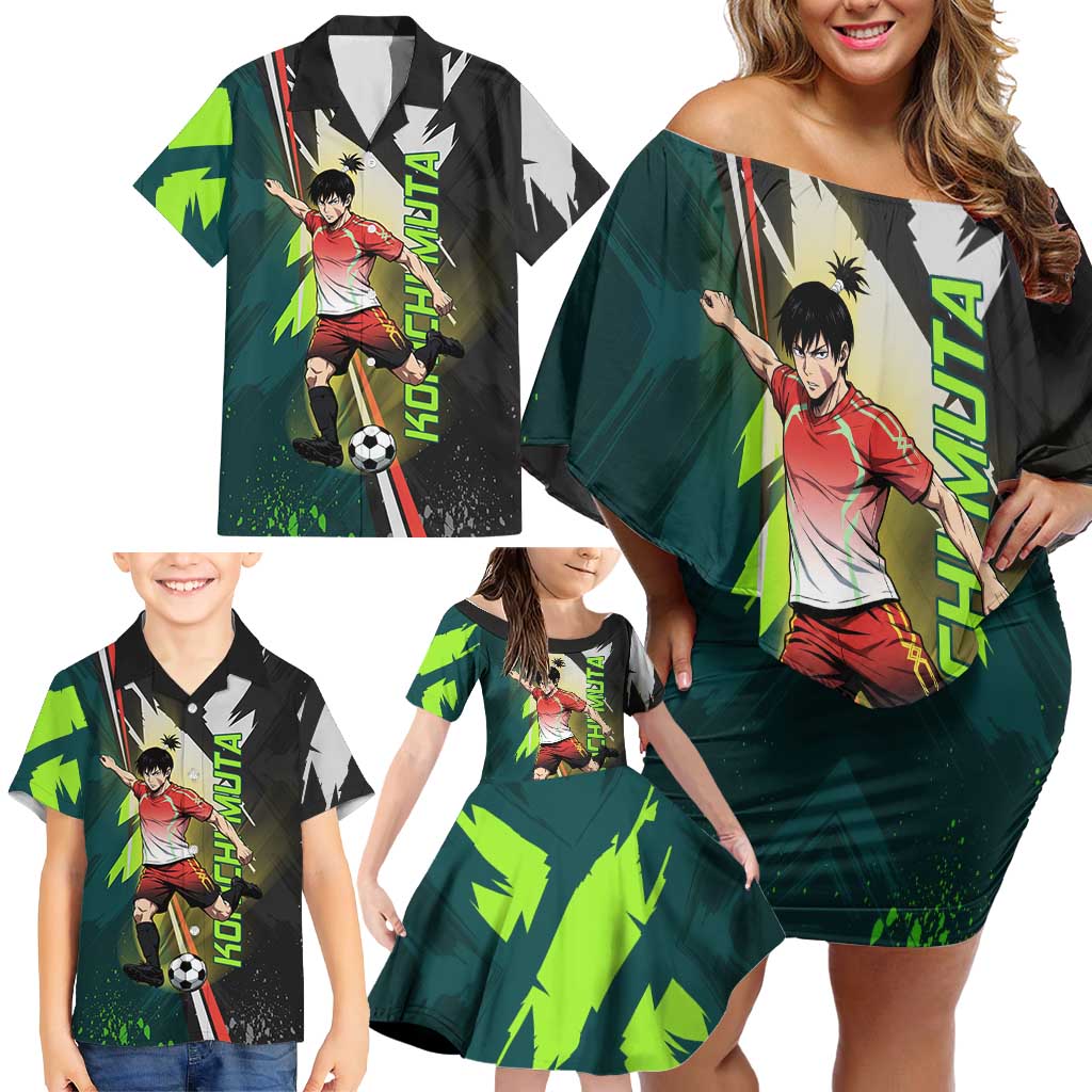 Personalized Kokichi Muta Jujutsu Kaisen Family Matching Off Shoulder Short Dress and Hawaiian Shirt Anime Soccer Theme Red Uniform Dynamic Kick Design
