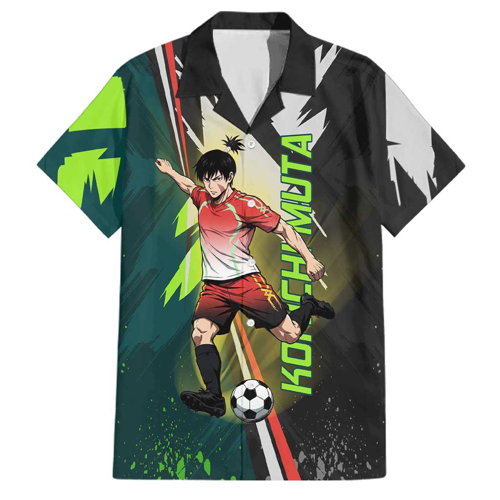 Personalized Kokichi Muta Jujutsu Kaisen Family Matching Off Shoulder Short Dress and Hawaiian Shirt Anime Soccer Theme Red Uniform Dynamic Kick Design