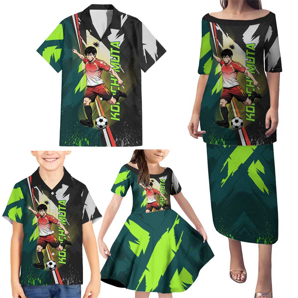 Personalized Kokichi Muta Jujutsu Kaisen Family Matching Puletasi and Hawaiian Shirt Anime Soccer Theme Red Uniform Dynamic Kick Design