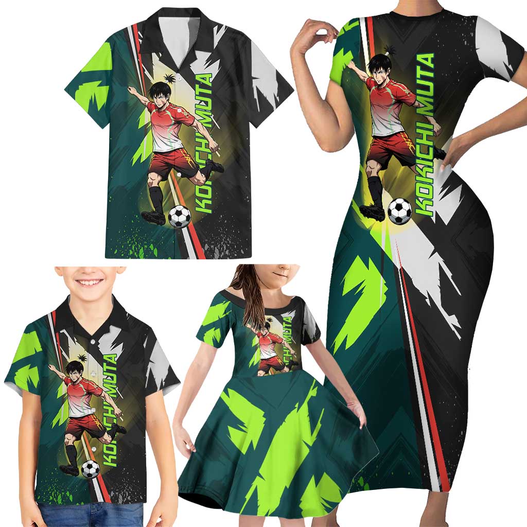 Personalized Kokichi Muta Jujutsu Kaisen Family Matching Short Sleeve Bodycon Dress and Hawaiian Shirt Anime Soccer Theme Red Uniform Dynamic Kick Design