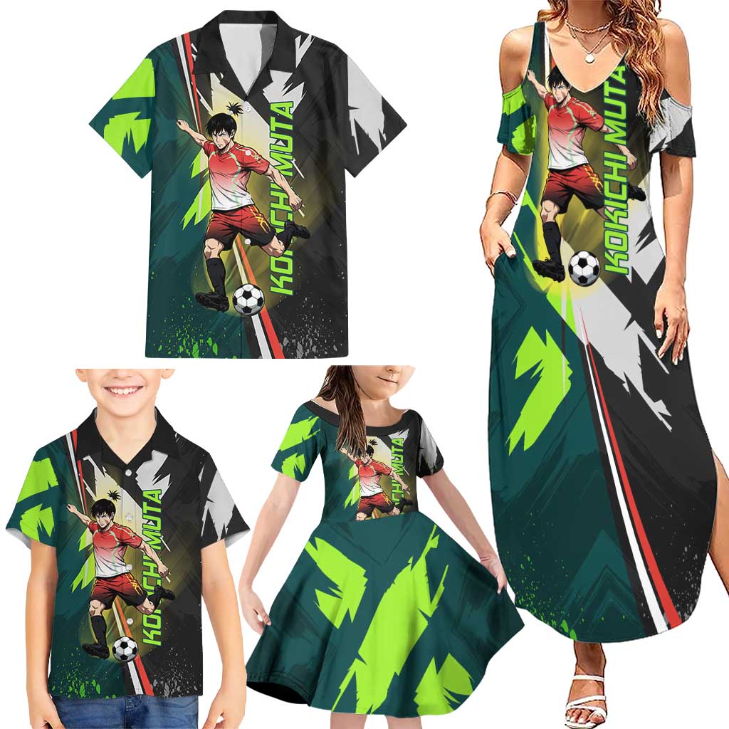 Personalized Kokichi Muta Jujutsu Kaisen Family Matching Summer Maxi Dress and Hawaiian Shirt Anime Soccer Theme Red Uniform Dynamic Kick Design