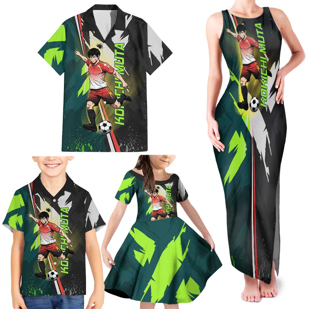 Personalized Kokichi Muta Jujutsu Kaisen Family Matching Tank Maxi Dress and Hawaiian Shirt Anime Soccer Theme Red Uniform Dynamic Kick Design