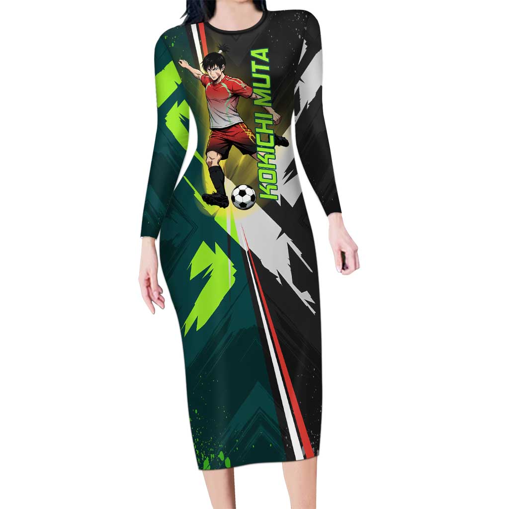 Personalized Kokichi Muta Jujutsu Kaisen Long Sleeve Bodycon Dress Anime Soccer Theme Red Uniform Dynamic Kick Design