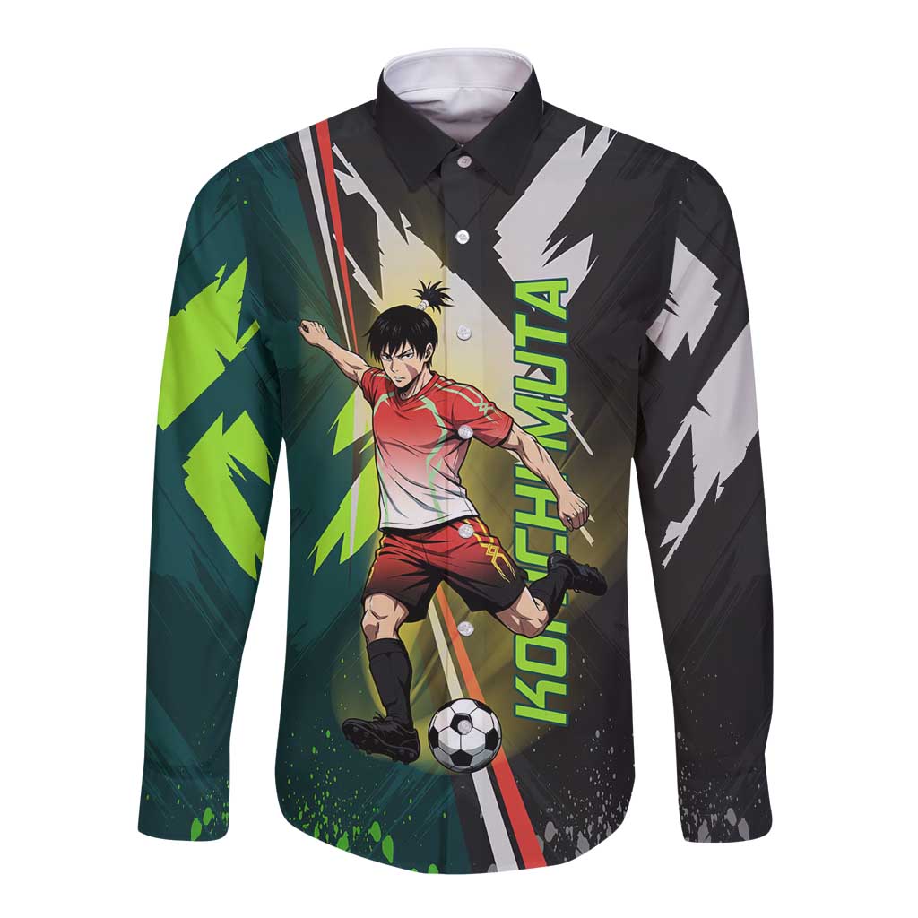 Personalized Kokichi Muta Jujutsu Kaisen Long Sleeve Button Shirt Anime Soccer Theme Red Uniform Dynamic Kick Design