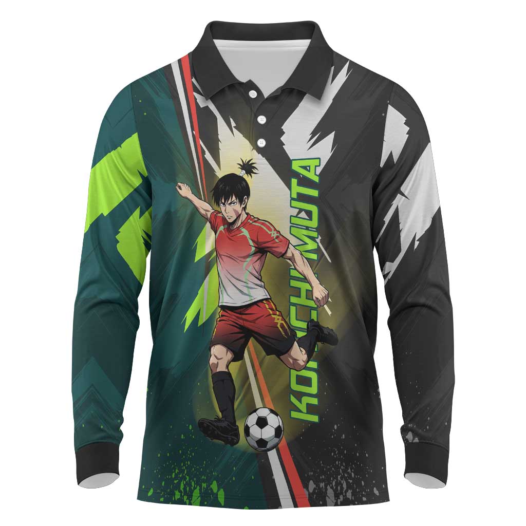 Personalized Kokichi Muta Jujutsu Kaisen Long Sleeve Polo Shirt Anime Soccer Theme Red Uniform Dynamic Kick Design