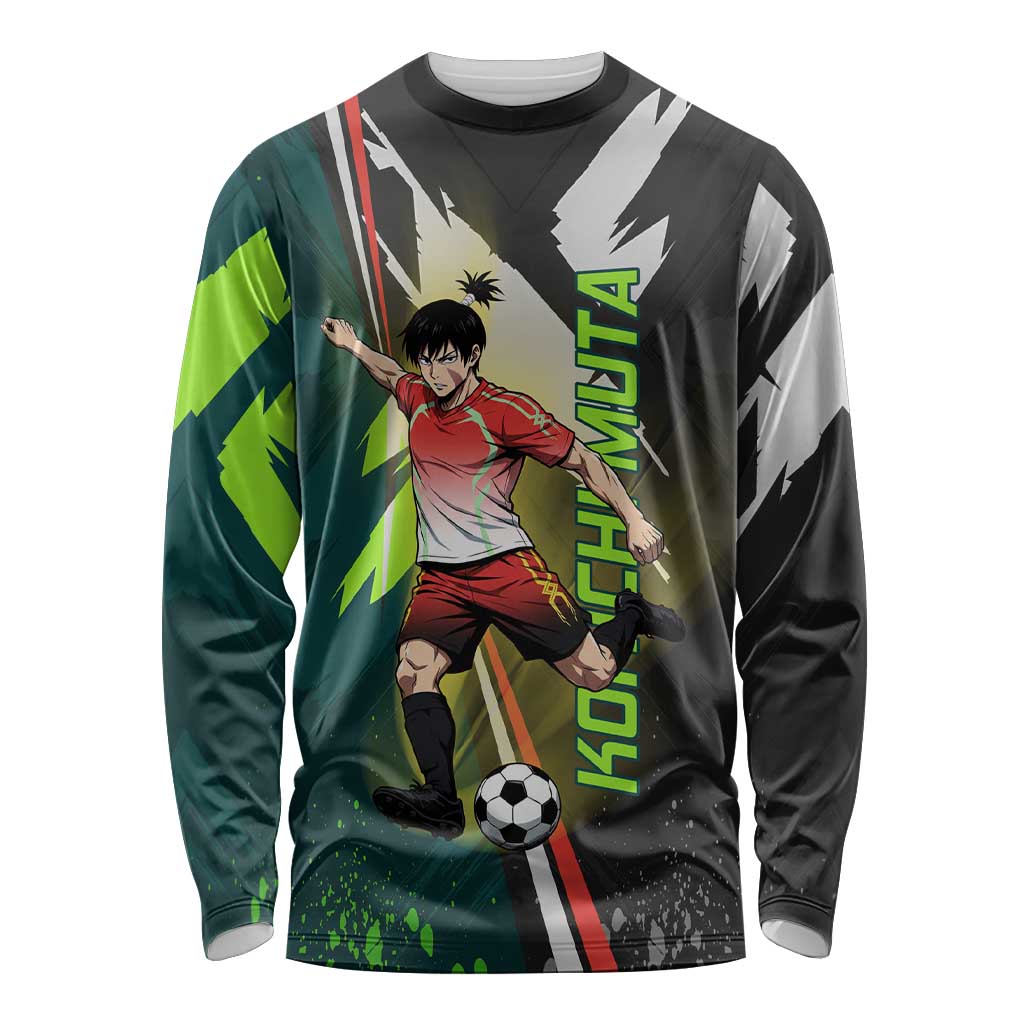 Personalized Kokichi Muta Jujutsu Kaisen Long Sleeve Shirt Anime Soccer Theme Red Uniform Dynamic Kick Design