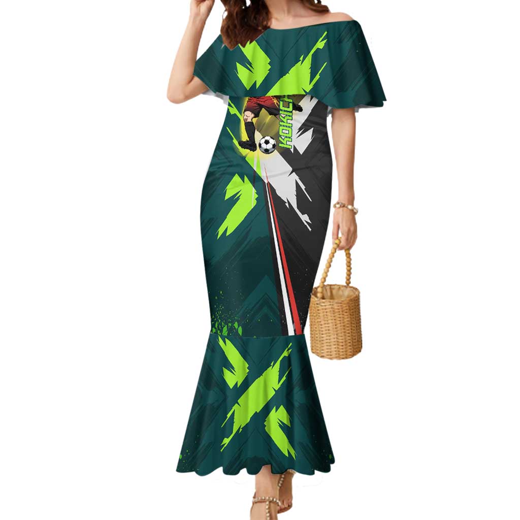 Personalized Kokichi Muta Jujutsu Kaisen Mermaid Dress Anime Soccer Theme Red Uniform Dynamic Kick Design