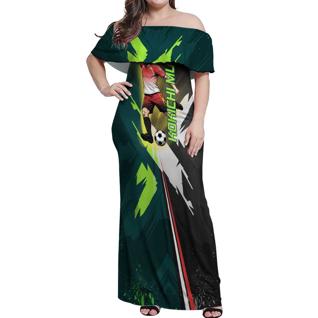 Personalized Kokichi Muta Jujutsu Kaisen Off Shoulder Maxi Dress Anime Soccer Theme Red Uniform Dynamic Kick Design