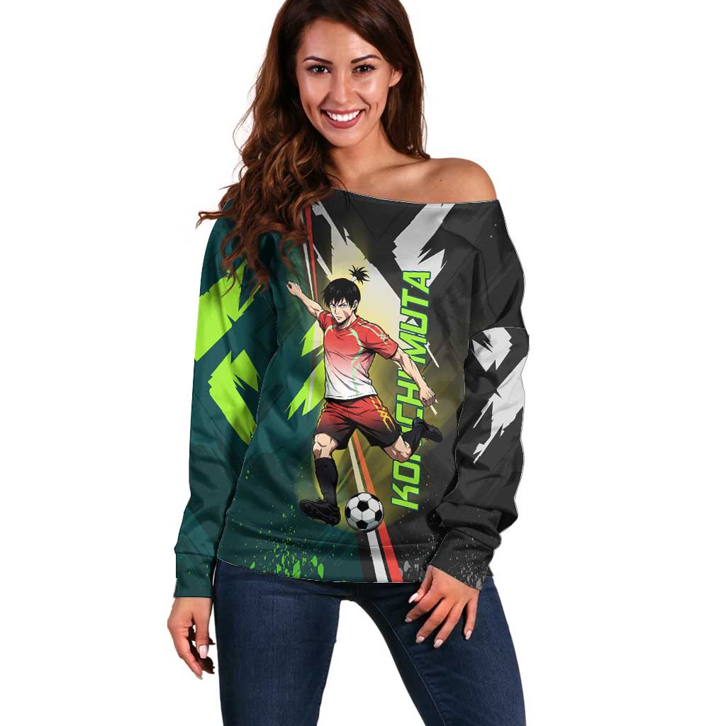 Personalized Kokichi Muta Jujutsu Kaisen Off Shoulder Sweater Anime Soccer Theme Red Uniform Dynamic Kick Design