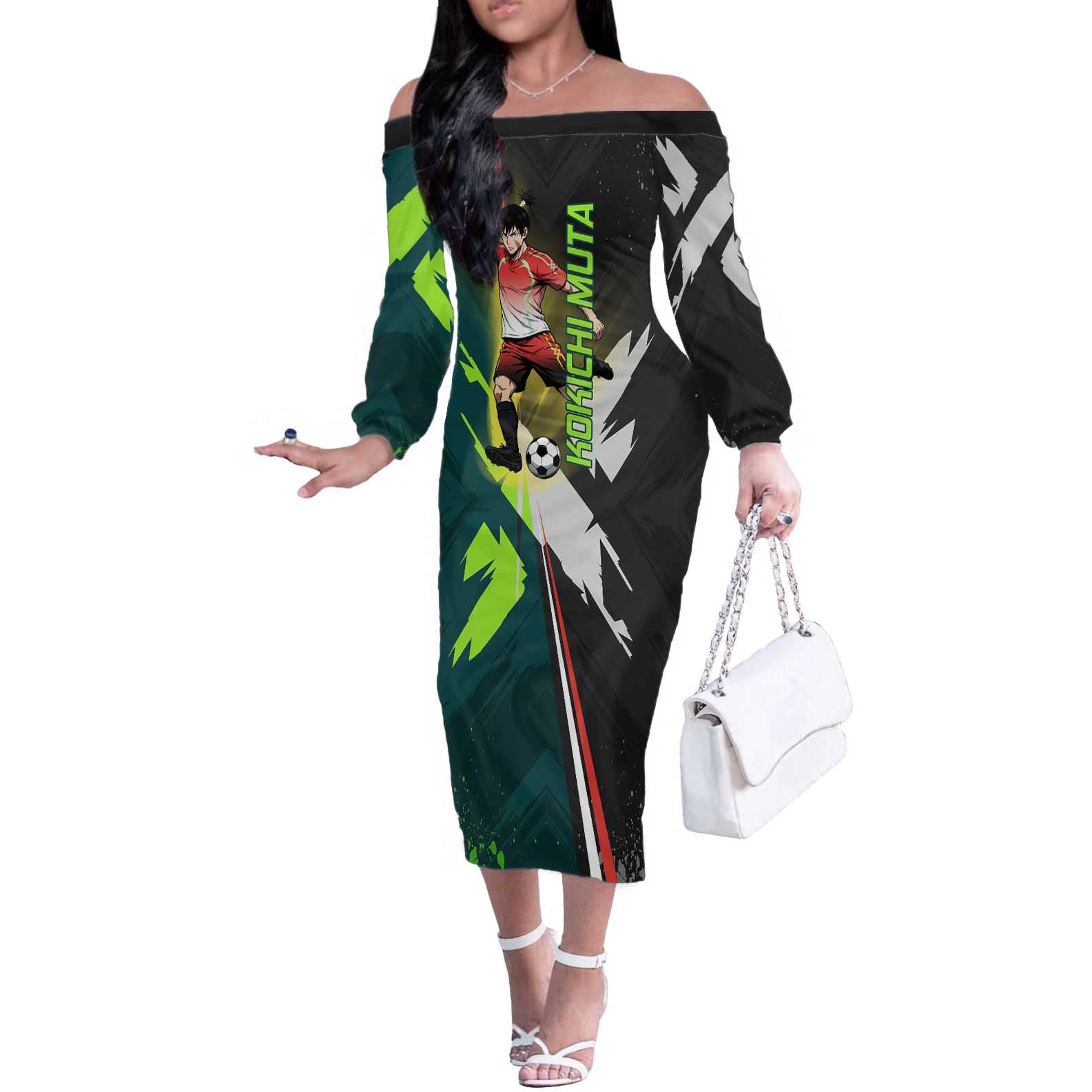 Personalized Kokichi Muta Jujutsu Kaisen Off The Shoulder Long Sleeve Dress Anime Soccer Theme Red Uniform Dynamic Kick Design