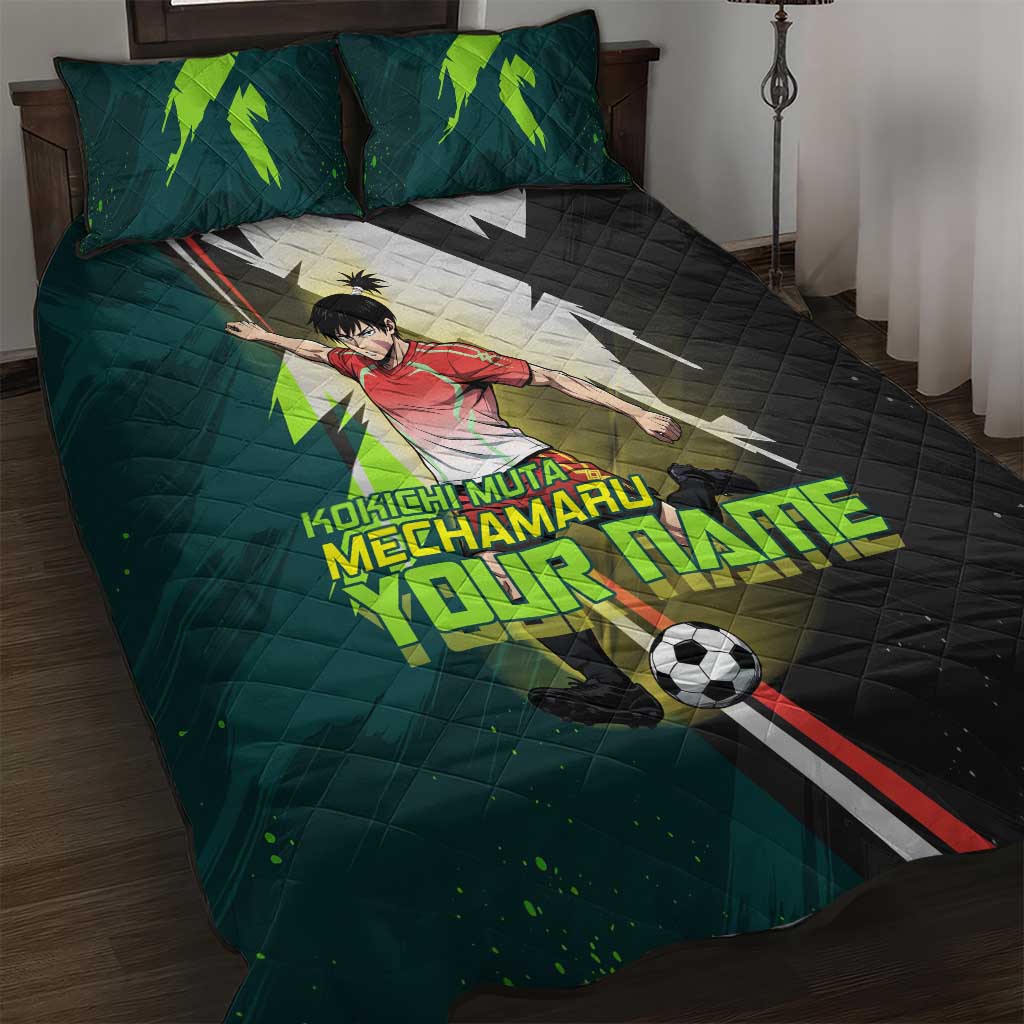 Personalized Kokichi Muta Jujutsu Kaisen Quilt Bed Set Anime Soccer Theme Red Uniform Dynamic Kick Design