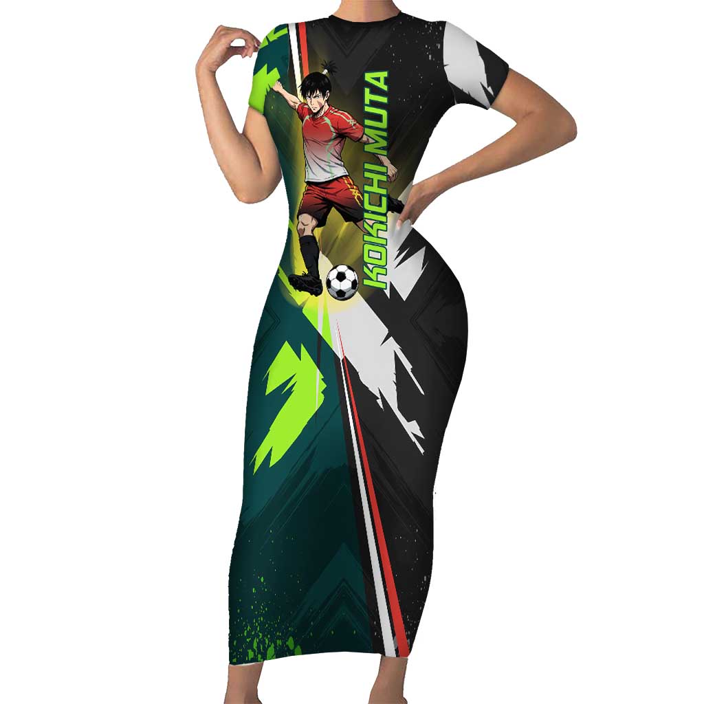 Personalized Kokichi Muta Jujutsu Kaisen Short Sleeve Bodycon Dress Anime Soccer Theme Red Uniform Dynamic Kick Design
