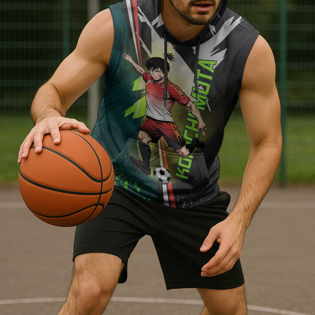 Personalized Kokichi Muta Jujutsu Kaisen Sleeveless Hoodie Anime Soccer Theme Red Uniform Dynamic Kick Design