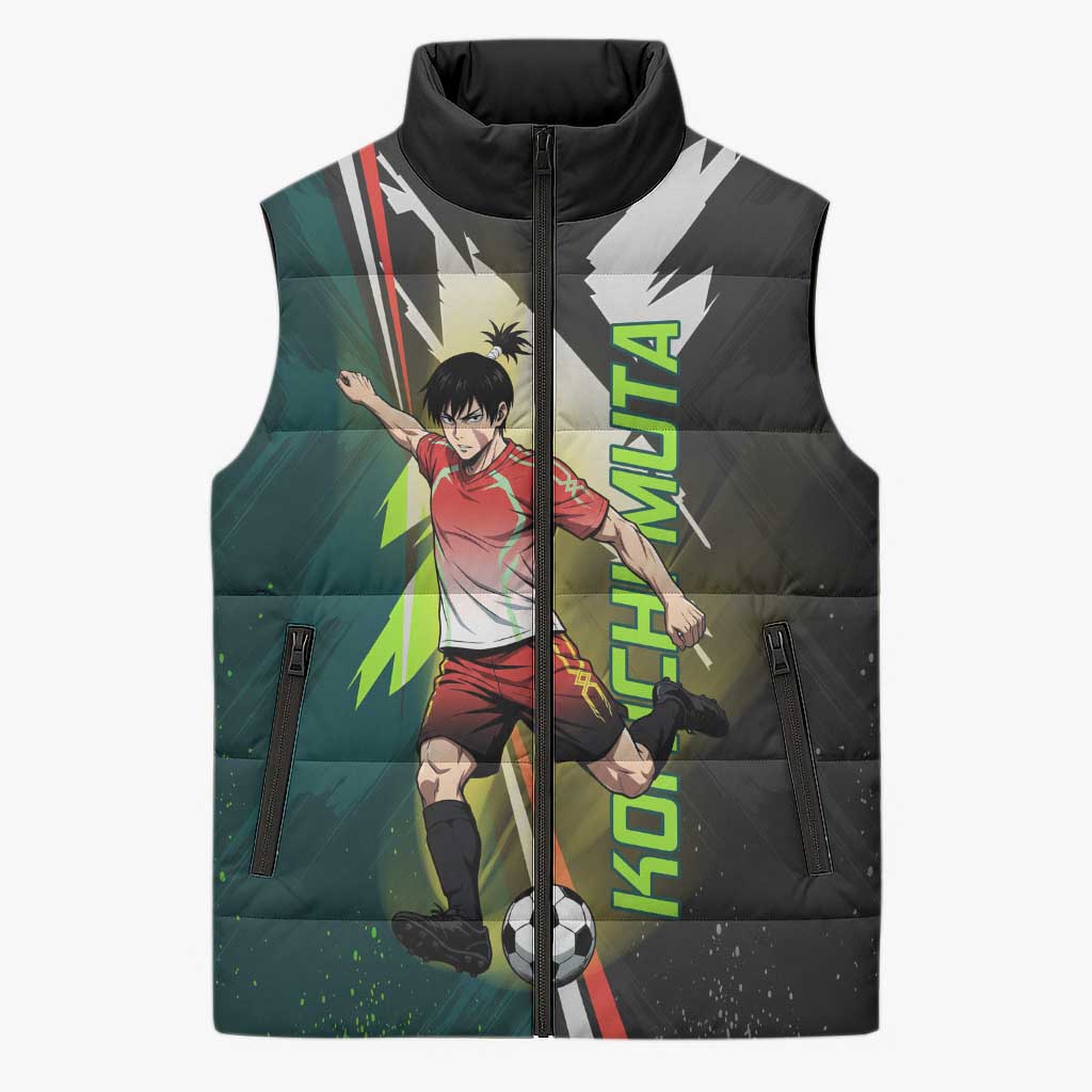 Personalized Kokichi Muta Jujutsu Kaisen Sleeveless Puffer Jacket Anime Soccer Theme Red Uniform Dynamic Kick Design