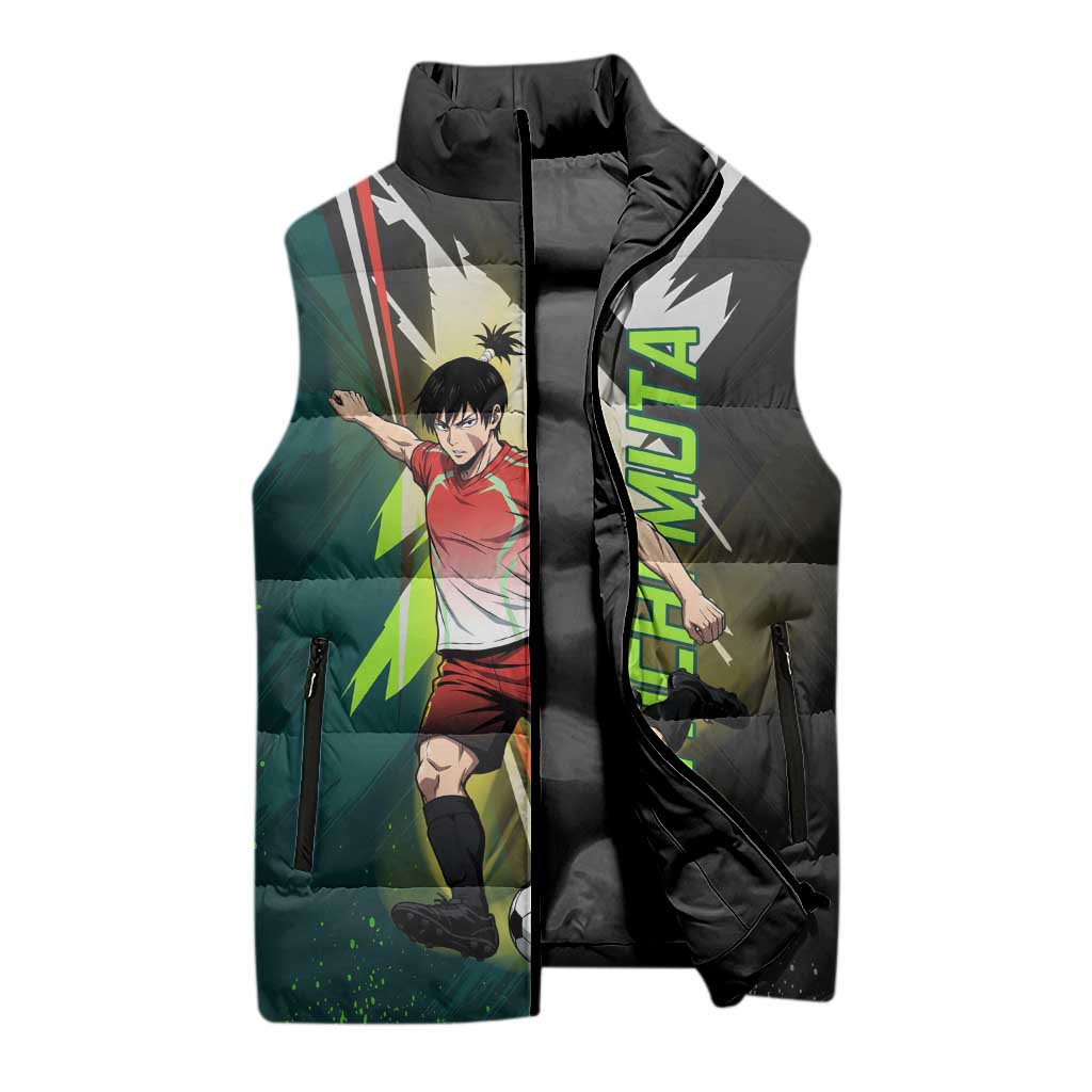 Personalized Kokichi Muta Jujutsu Kaisen Sleeveless Puffer Jacket Anime Soccer Theme Red Uniform Dynamic Kick Design