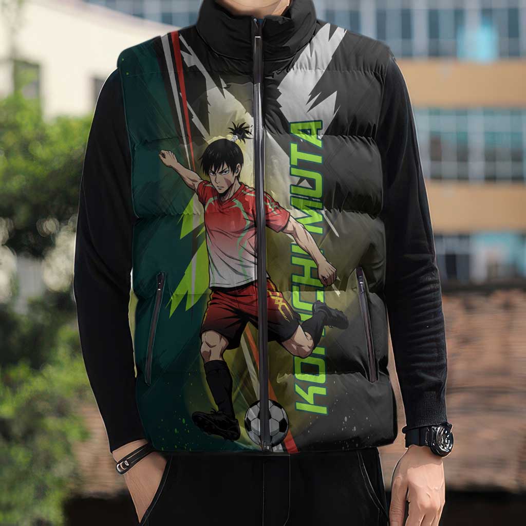 Personalized Kokichi Muta Jujutsu Kaisen Sleeveless Puffer Jacket Anime Soccer Theme Red Uniform Dynamic Kick Design