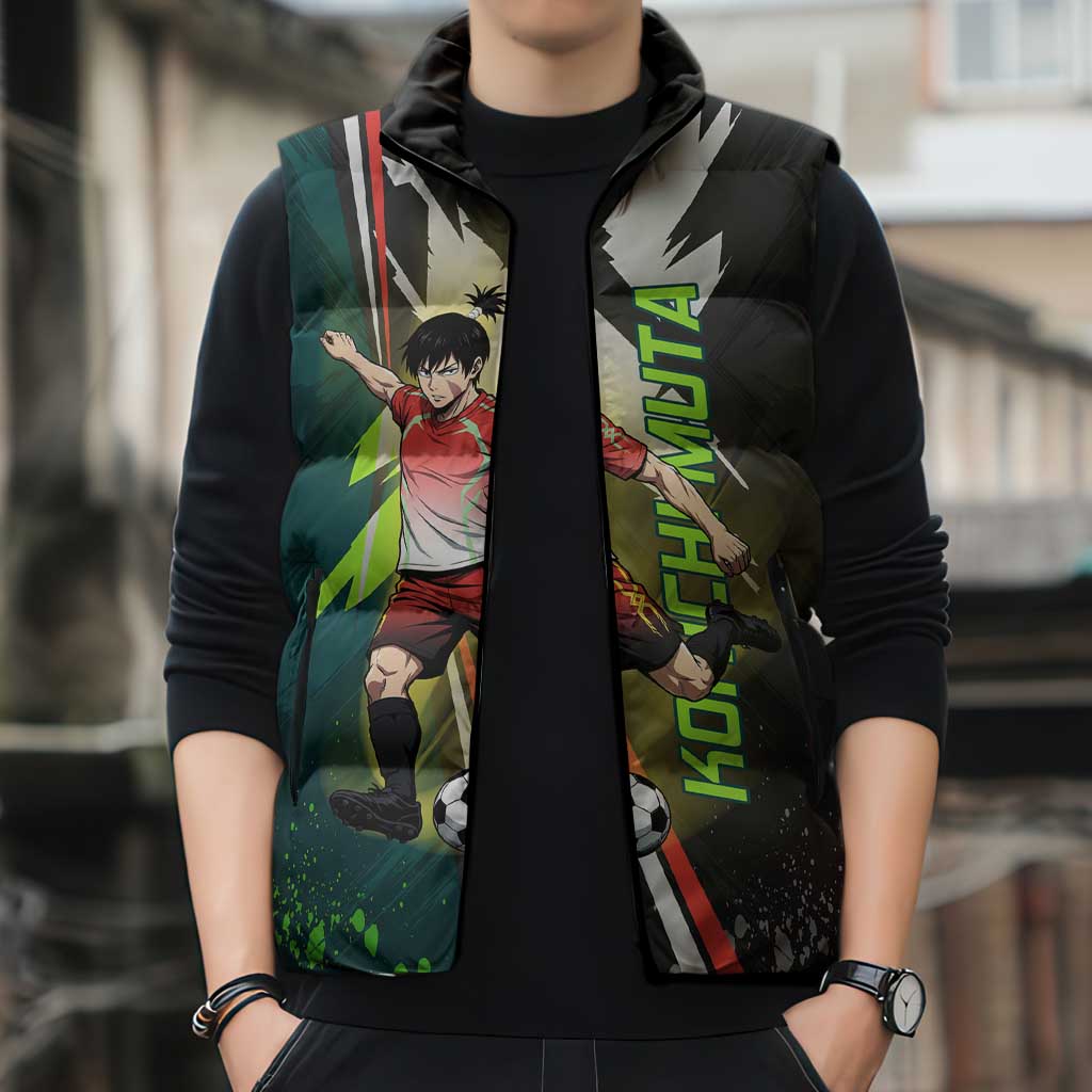Personalized Kokichi Muta Jujutsu Kaisen Sleeveless Puffer Jacket Anime Soccer Theme Red Uniform Dynamic Kick Design