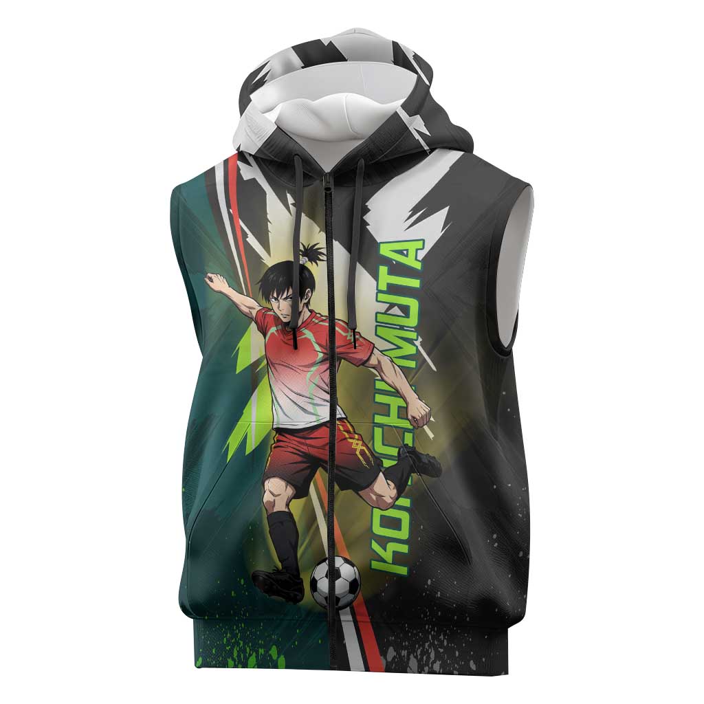 Personalized Kokichi Muta Jujutsu Kaisen Sleeveless Zip Hoodie Anime Soccer Theme Red Uniform Dynamic Kick Design
