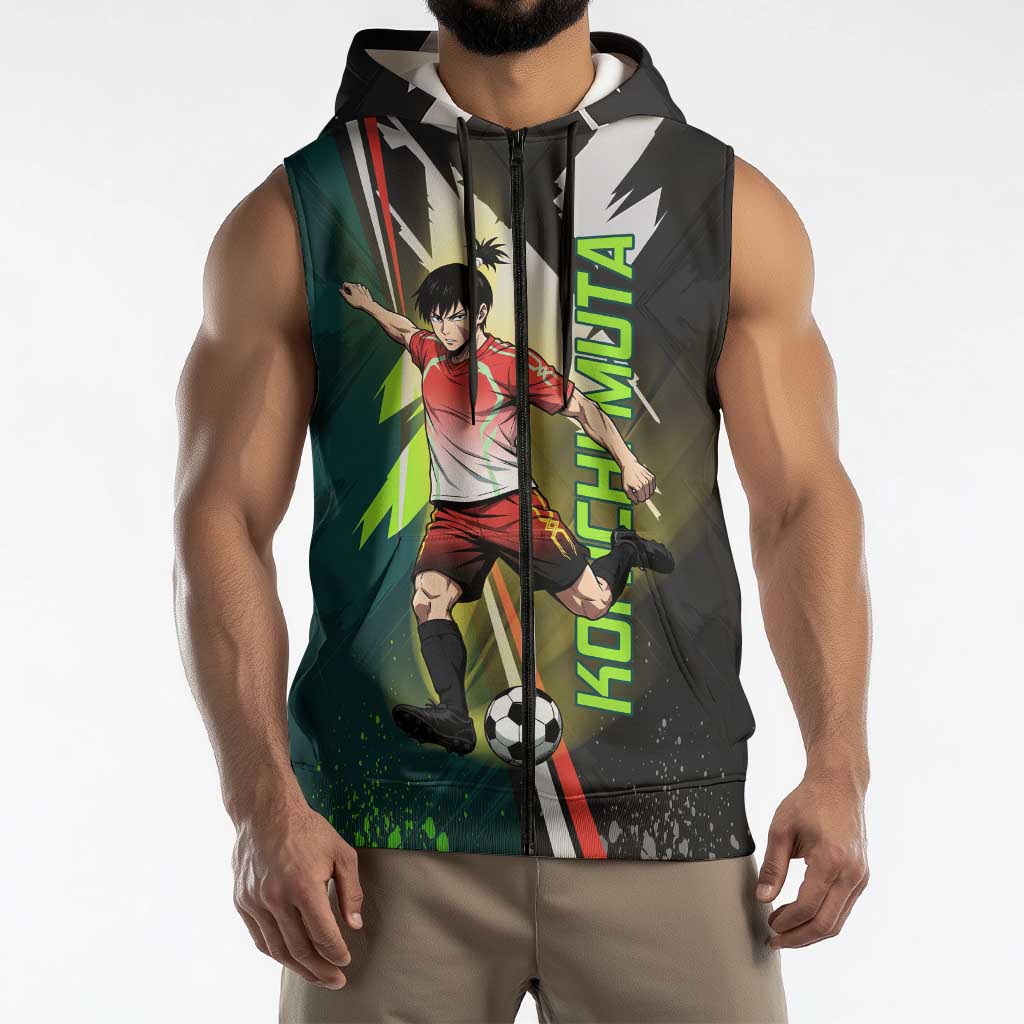 Personalized Kokichi Muta Jujutsu Kaisen Sleeveless Zip Hoodie Anime Soccer Theme Red Uniform Dynamic Kick Design