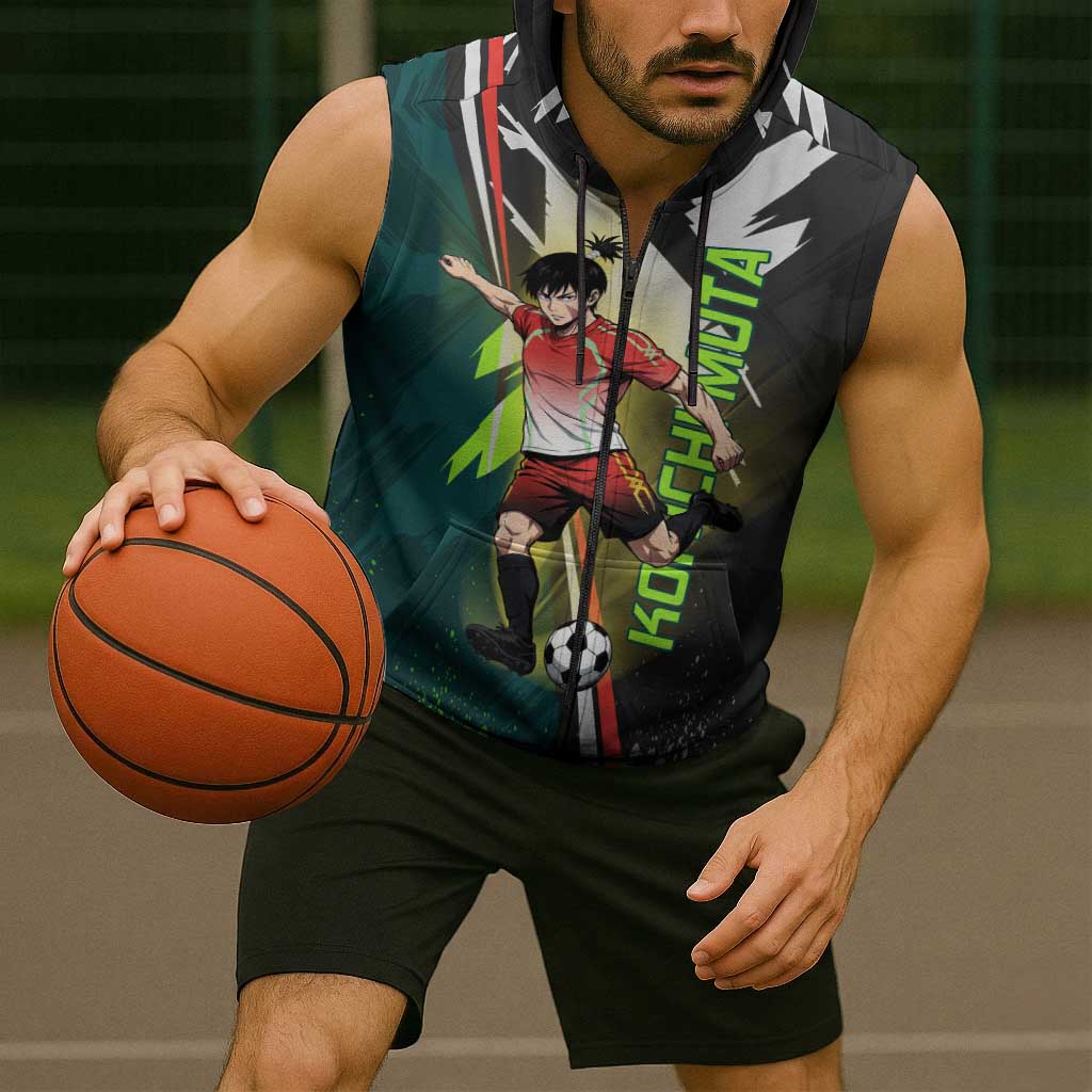 Personalized Kokichi Muta Jujutsu Kaisen Sleeveless Zip Hoodie Anime Soccer Theme Red Uniform Dynamic Kick Design