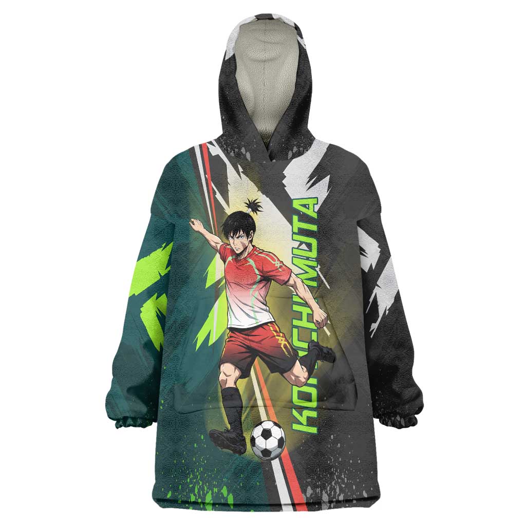 Personalized Kokichi Muta Jujutsu Kaisen Wearable Blanket Hoodie Anime Soccer Theme Red Uniform Dynamic Kick Design