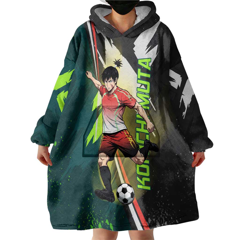 Personalized Kokichi Muta Jujutsu Kaisen Wearable Blanket Hoodie Anime Soccer Theme Red Uniform Dynamic Kick Design