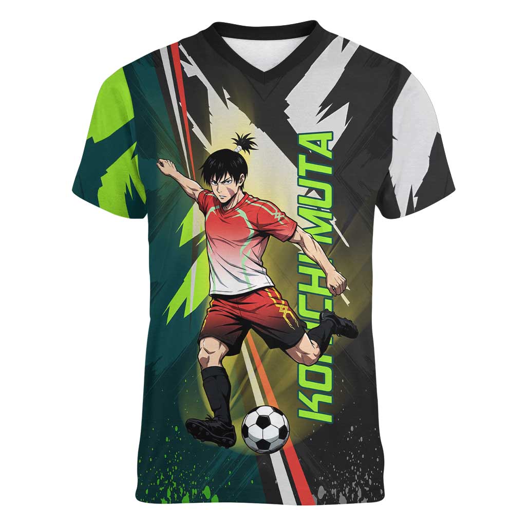 Personalized Kokichi Muta Jujutsu Kaisen Women V-Neck T-Shirt Anime Soccer Theme Red Uniform Dynamic Kick Design