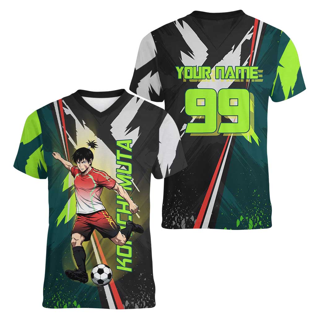 Personalized Kokichi Muta Jujutsu Kaisen Women V-Neck T-Shirt Anime Soccer Theme Red Uniform Dynamic Kick Design