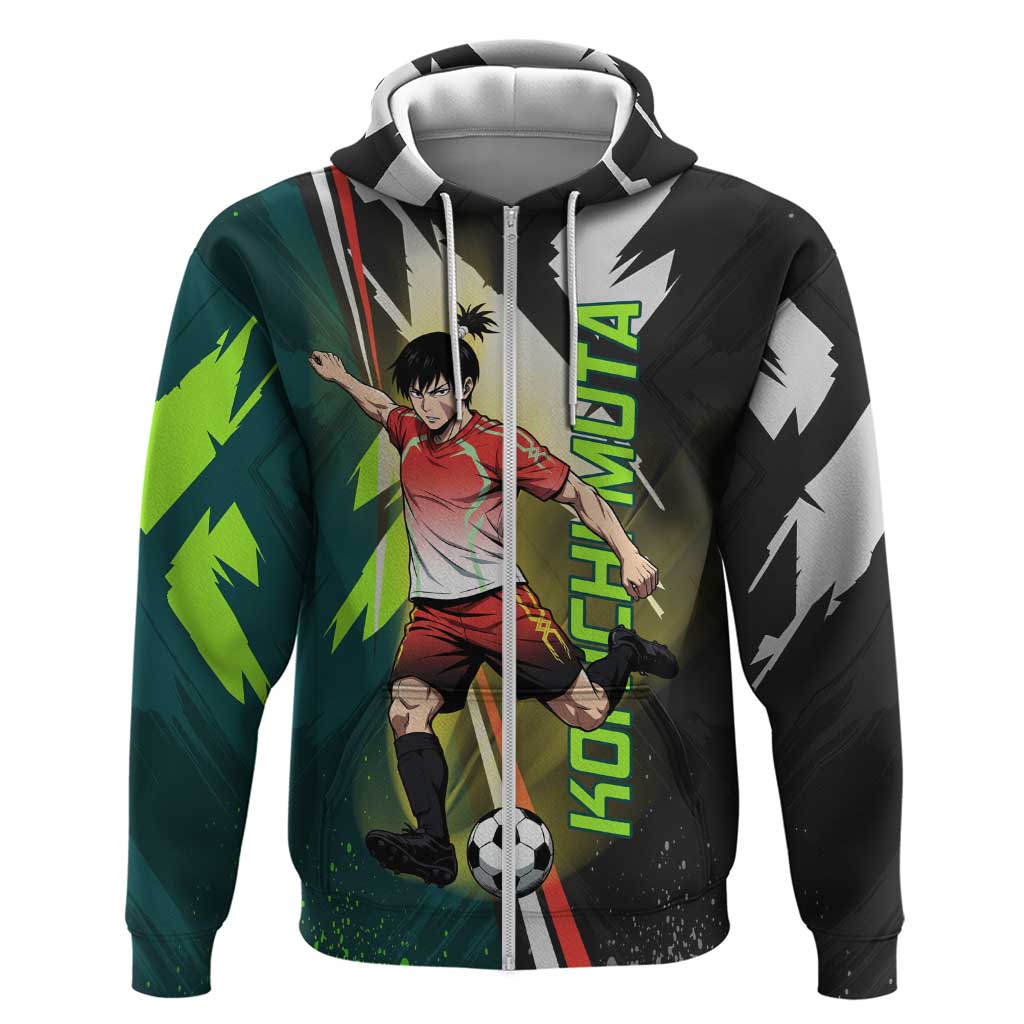 Personalized Kokichi Muta Jujutsu Kaisen Zip Hoodie Anime Soccer Theme Red Uniform Dynamic Kick Design