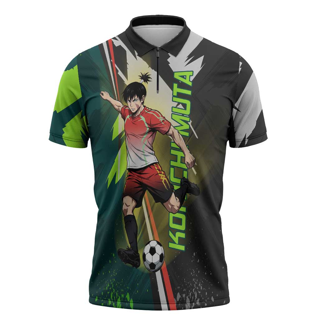 Personalized Kokichi Muta Jujutsu Kaisen Zipper Polo Shirt Anime Soccer Theme Red Uniform Dynamic Kick Design