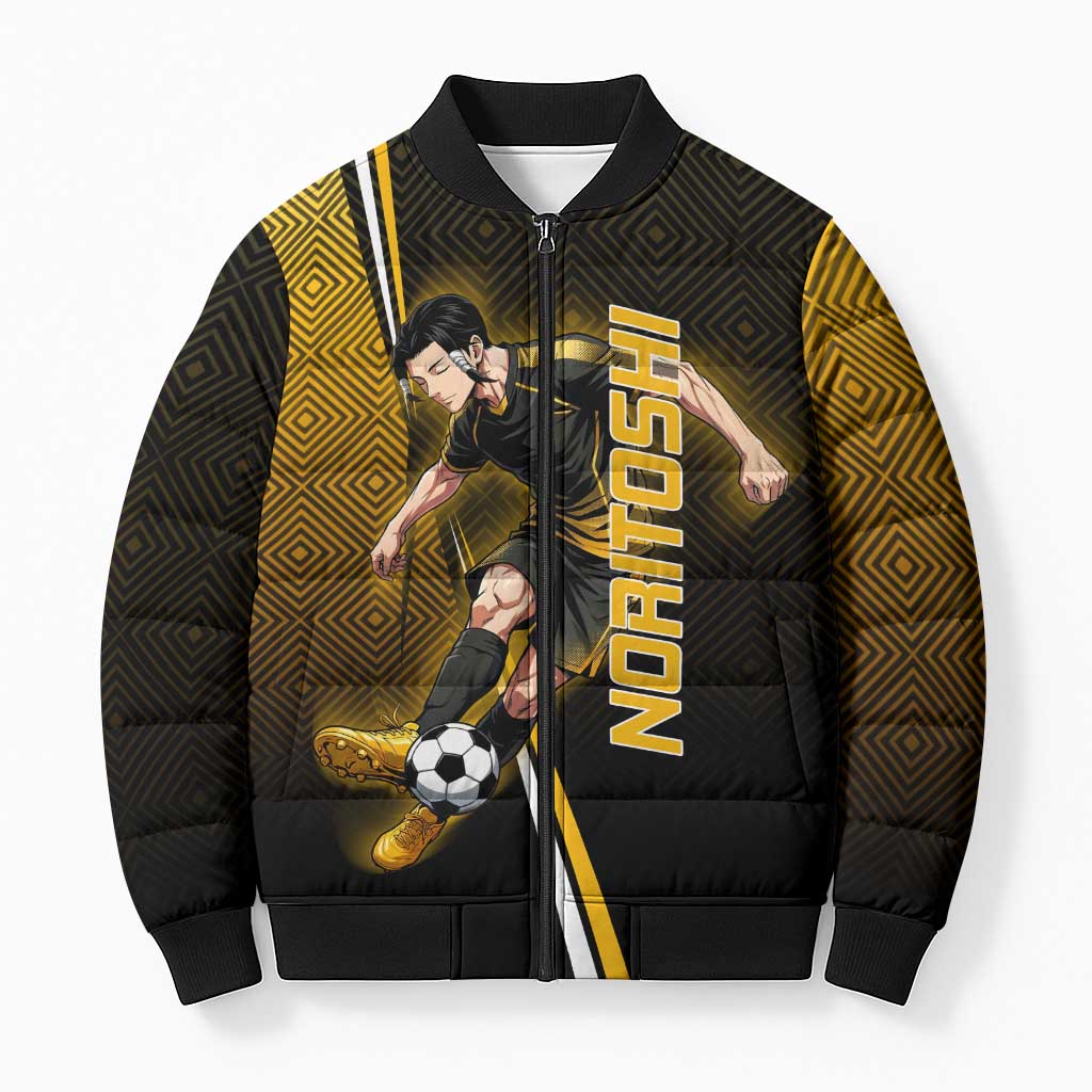 Personalized Noritoshi Kamo Jujutsu Kaisen Bomber Puffer Jacket Anime Soccer Theme with Yellow Geometric Design
