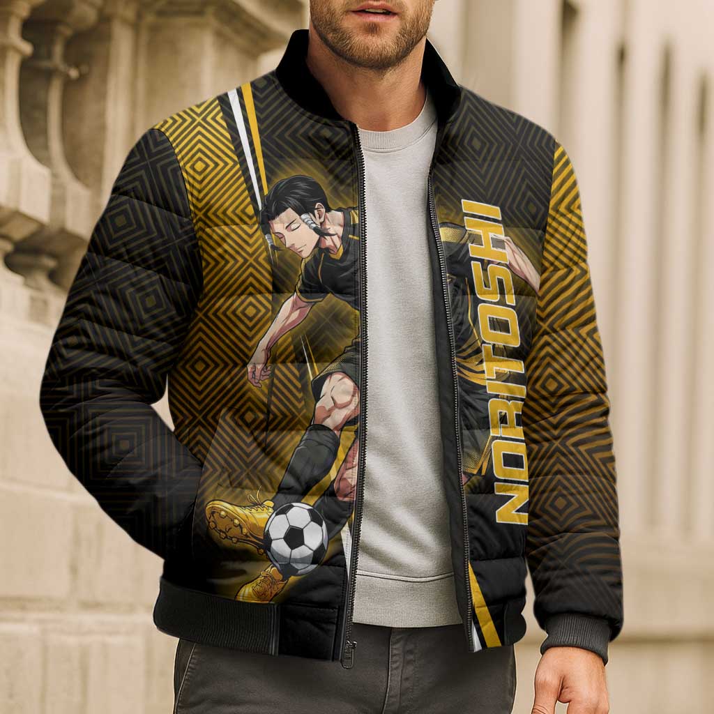 Personalized Noritoshi Kamo Jujutsu Kaisen Bomber Puffer Jacket Anime Soccer Theme with Yellow Geometric Design