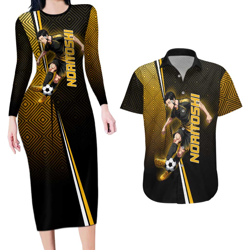 Personalized Noritoshi Kamo Jujutsu Kaisen Couples Matching Long Sleeve Bodycon Dress and Hawaiian Shirt Anime Soccer Theme with Yellow Geometric Design