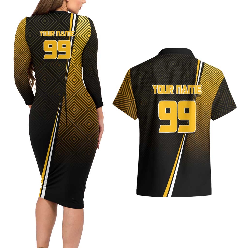 Personalized Noritoshi Kamo Jujutsu Kaisen Couples Matching Long Sleeve Bodycon Dress and Hawaiian Shirt Anime Soccer Theme with Yellow Geometric Design