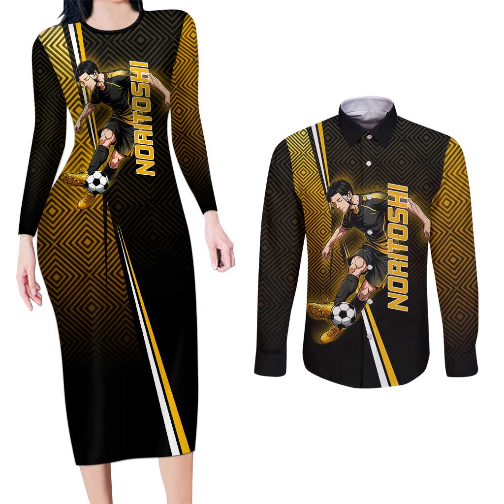 Personalized Noritoshi Kamo Jujutsu Kaisen Couples Matching Long Sleeve Bodycon Dress and Long Sleeve Button Shirt Anime Soccer Theme with Yellow Geometric Design
