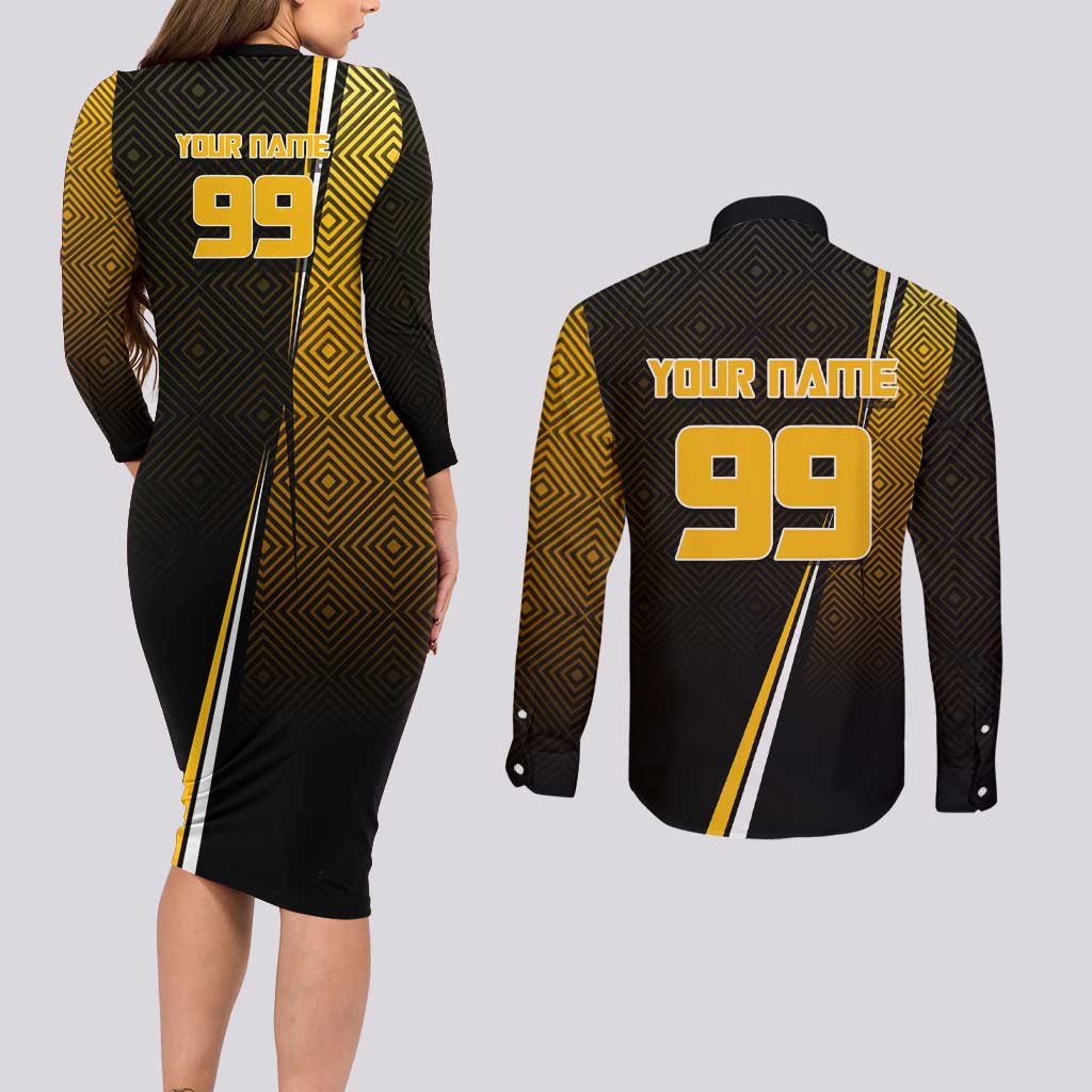 Personalized Noritoshi Kamo Jujutsu Kaisen Couples Matching Long Sleeve Bodycon Dress and Long Sleeve Button Shirt Anime Soccer Theme with Yellow Geometric Design