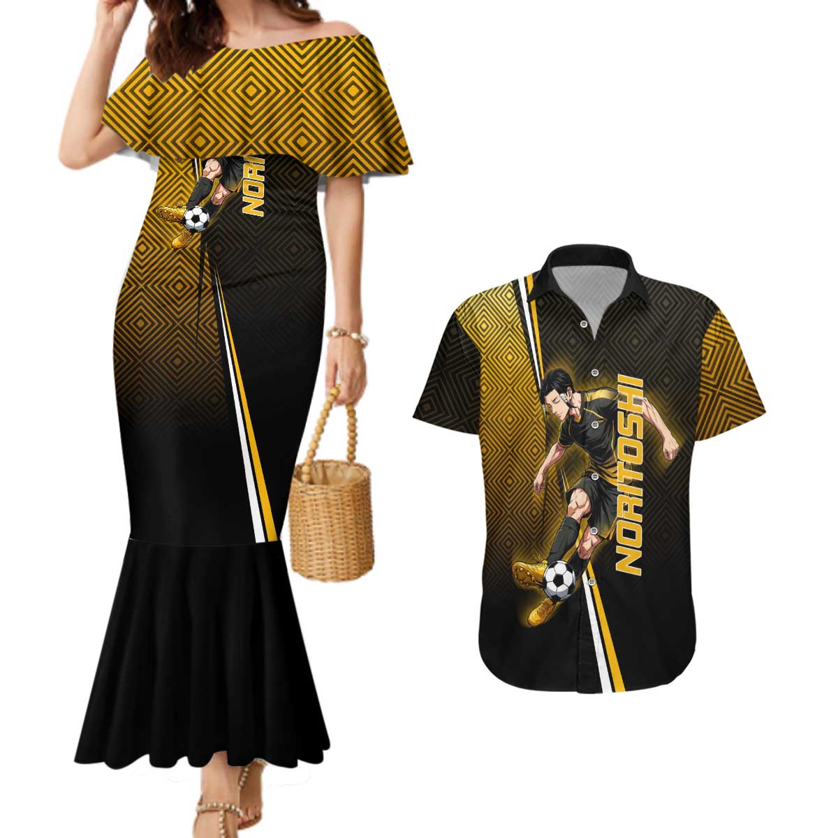 Personalized Noritoshi Kamo Jujutsu Kaisen Couples Matching Mermaid Dress and Hawaiian Shirt Anime Soccer Theme with Yellow Geometric Design