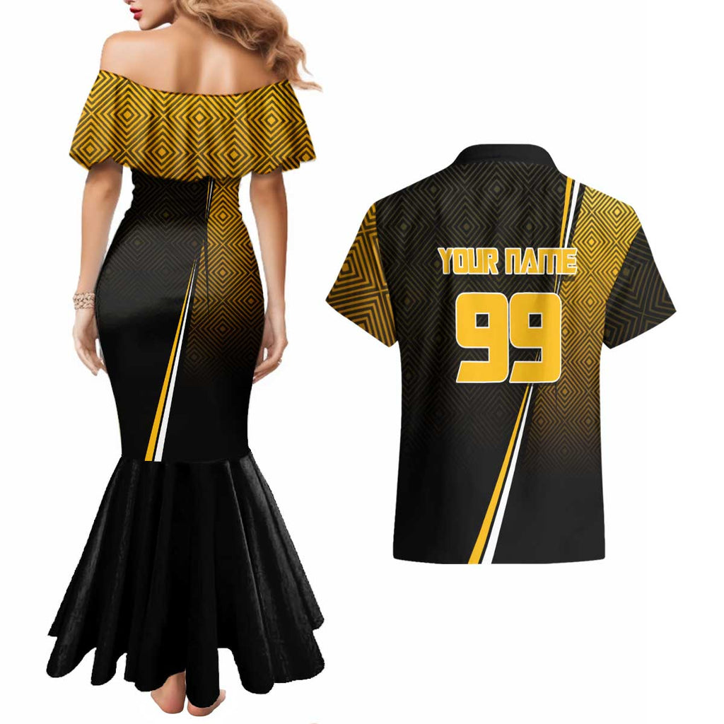 Personalized Noritoshi Kamo Jujutsu Kaisen Couples Matching Mermaid Dress and Hawaiian Shirt Anime Soccer Theme with Yellow Geometric Design
