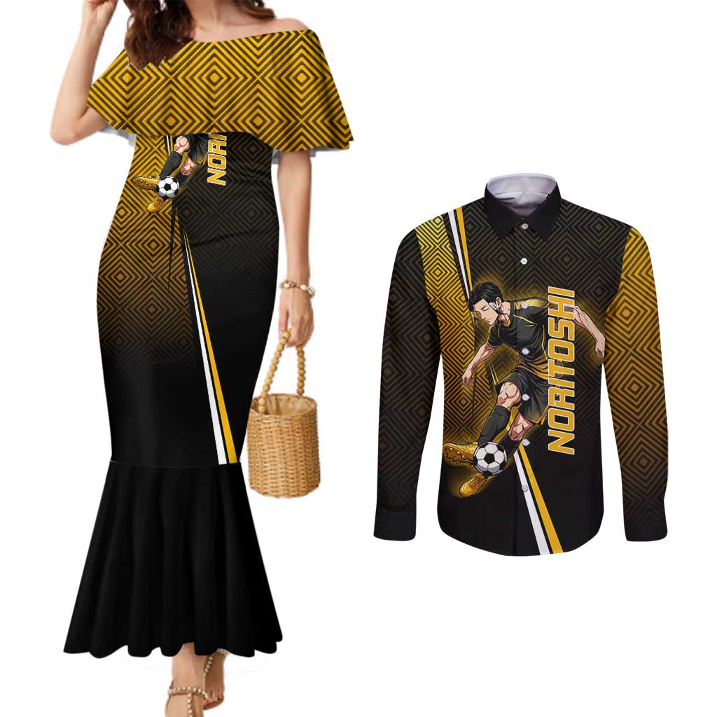 Personalized Noritoshi Kamo Jujutsu Kaisen Couples Matching Mermaid Dress and Long Sleeve Button Shirt Anime Soccer Theme with Yellow Geometric Design